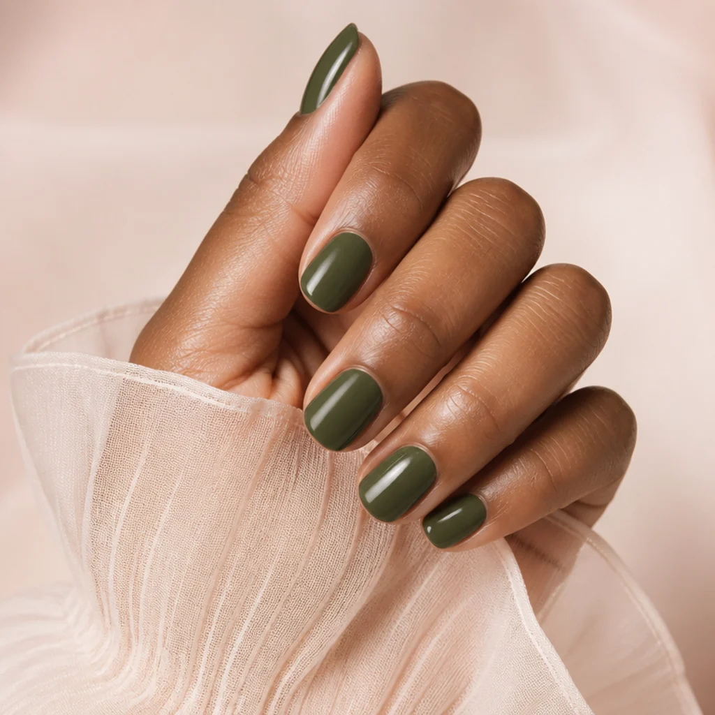 Rich opaque second coat of olive green polish showing full even coverage