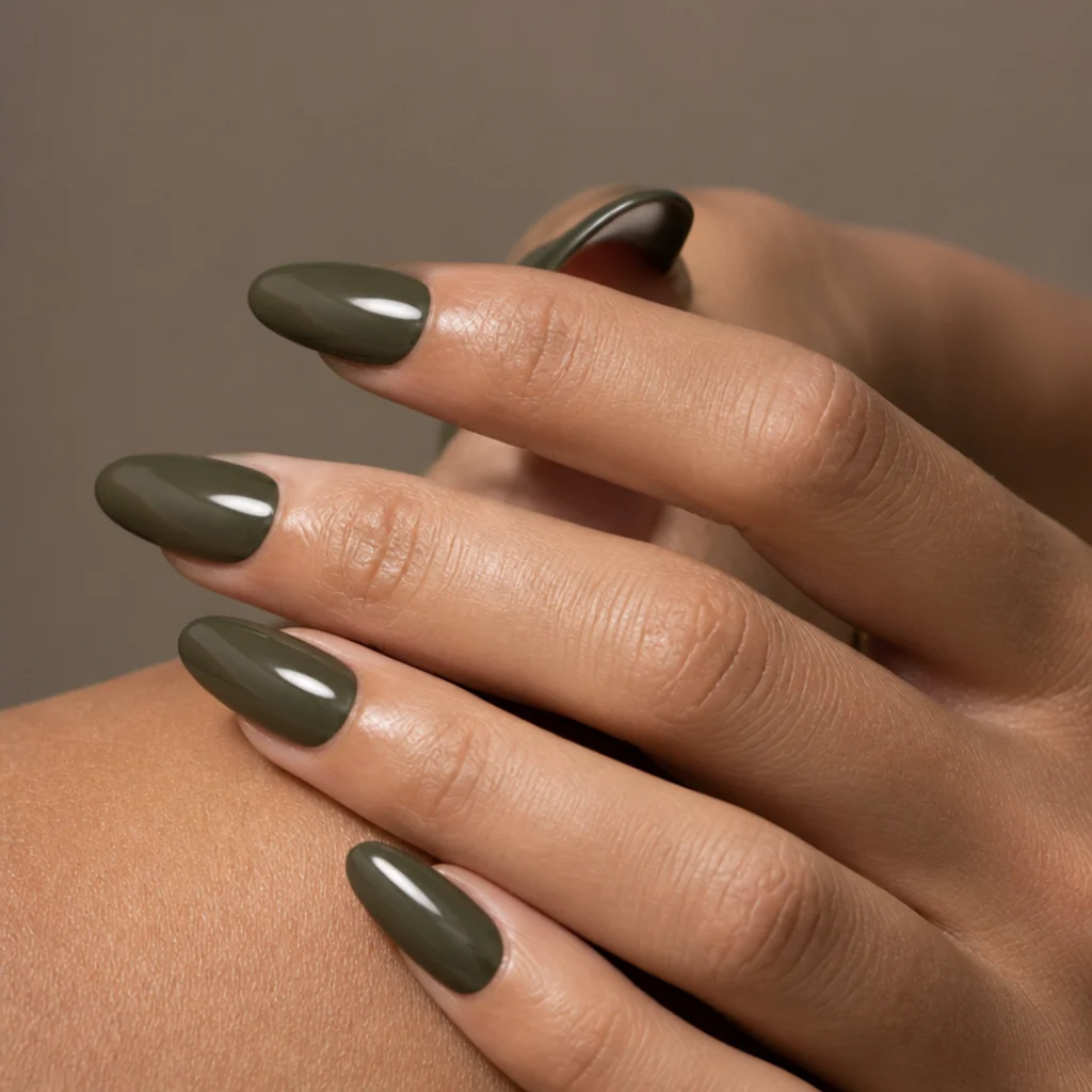 Elegant olive green almond nails tapering to a soft point on slender fingers