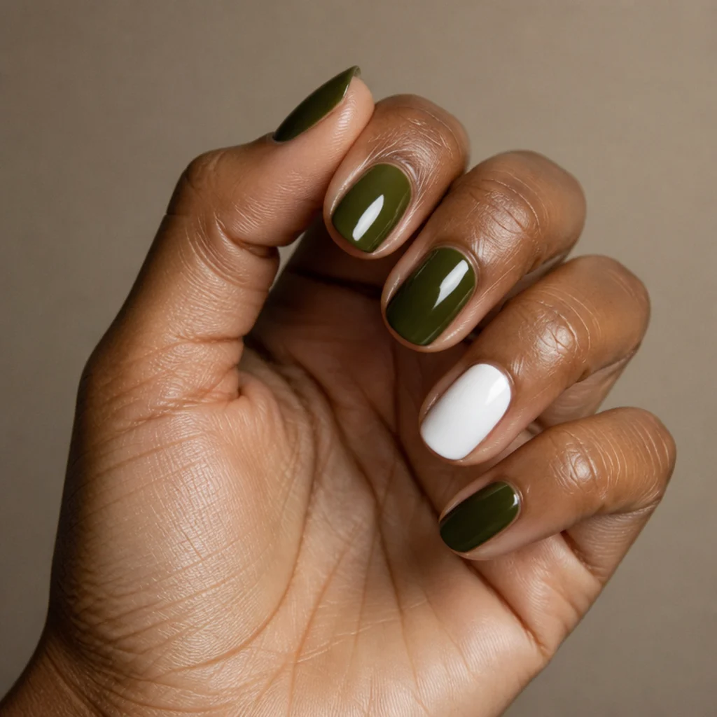 Olive green and white nails with one crisp white accent finger among deep olive nails