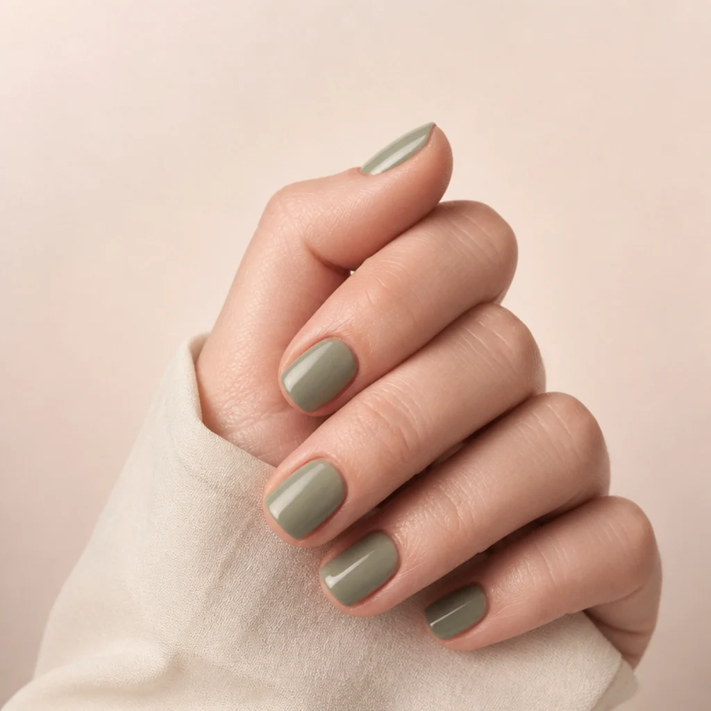 Light olive green nails in a soft muted sage tone with a subtle glossy finish
