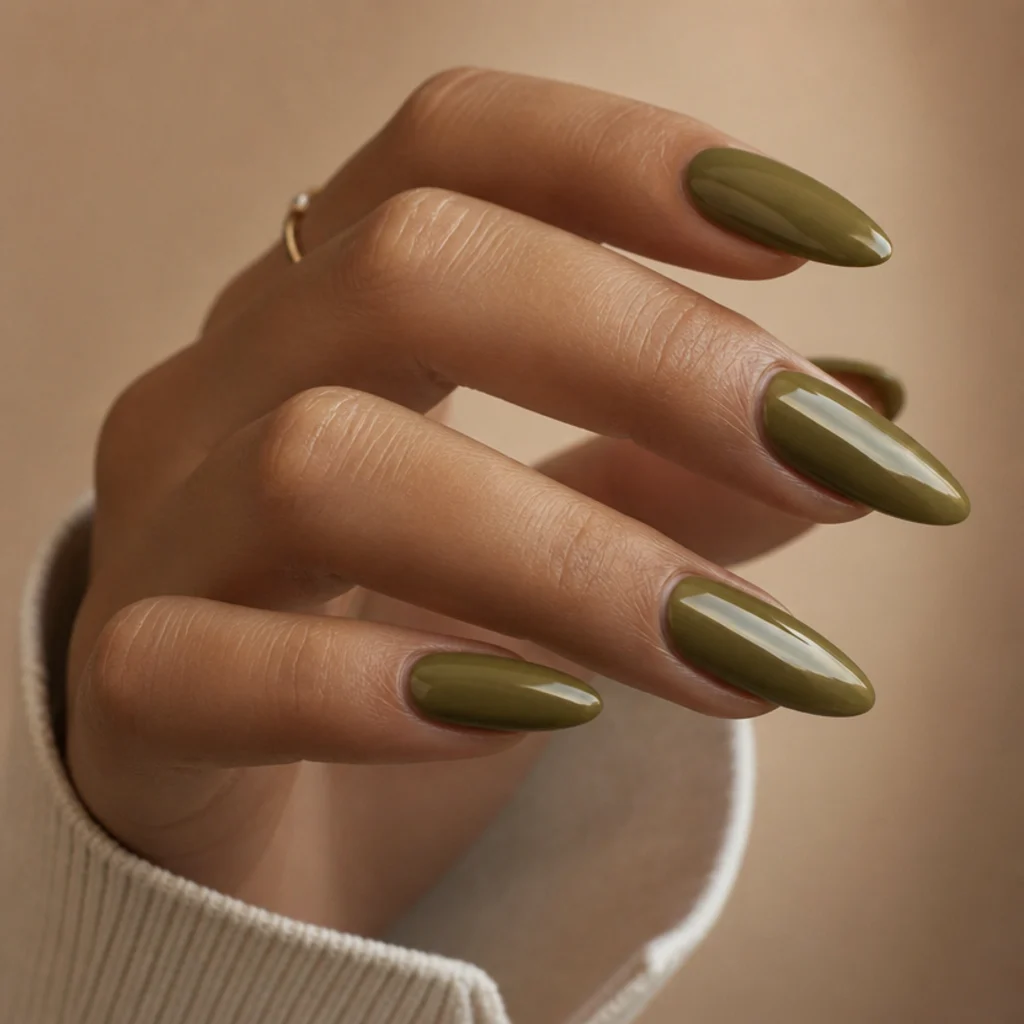 Long olive green acrylic nails with a sculpted almond shape and smooth glossy surface