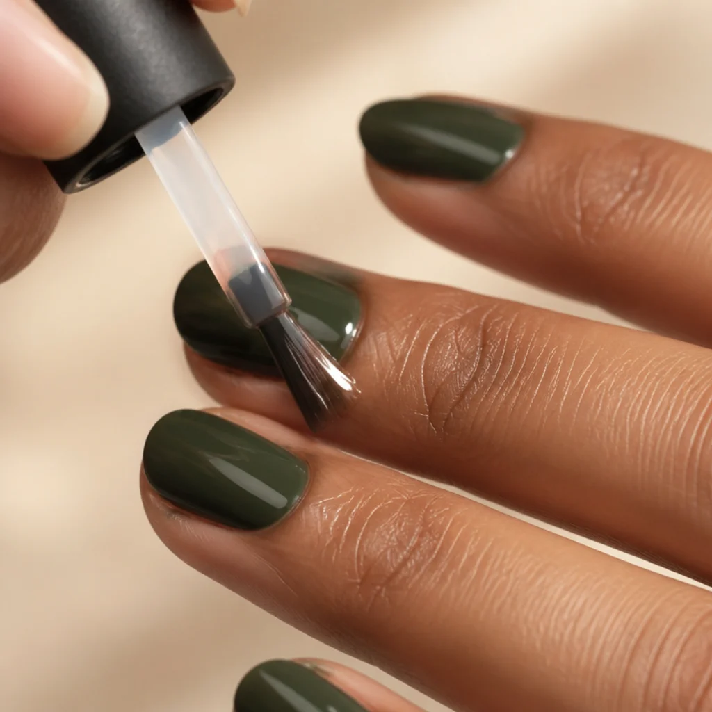 Glossy top coat being applied over dark olive green nails for a mirror-like shine