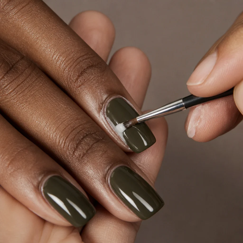 Small brush dipped in remover tidying the skin around freshly painted olive nails