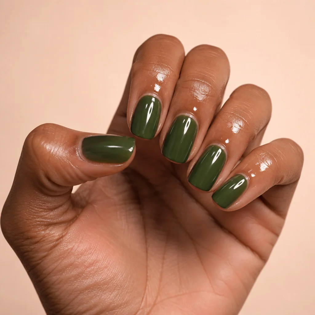 Hand with finished dark olive green nails being smoothed with cuticle oil