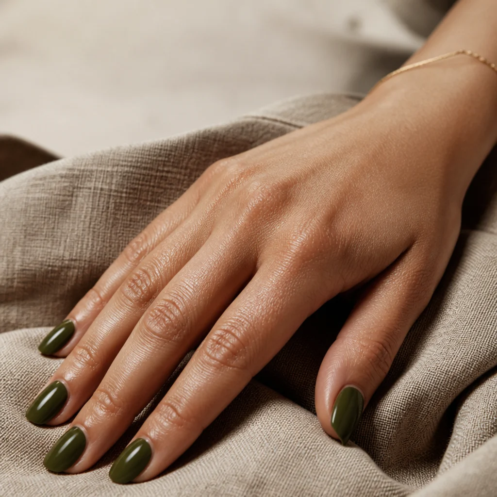 Manicured hand with glossy dark olive green almond nails resting on a warm taupe linen background