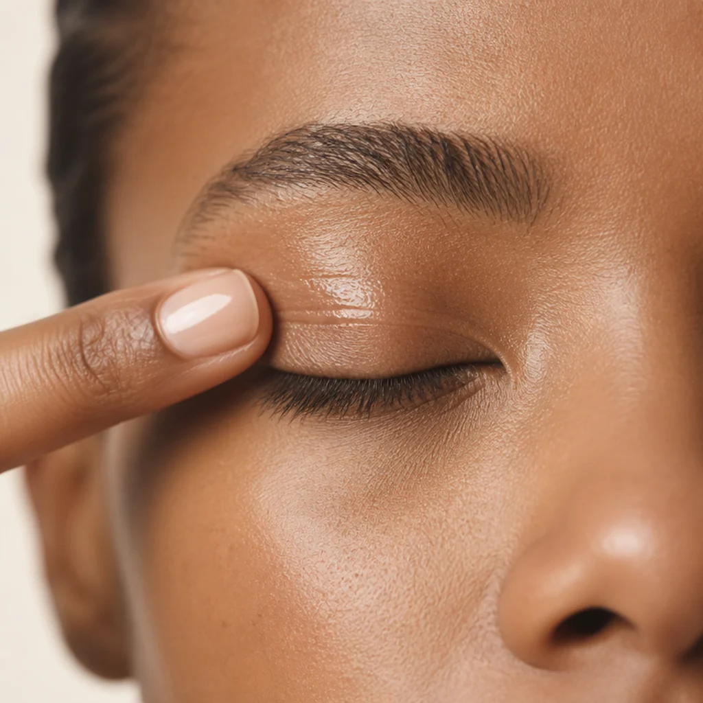 Close-up of a bare eyelid being smoothed with eyeshadow primer using a fingertip, natural skin texture visible