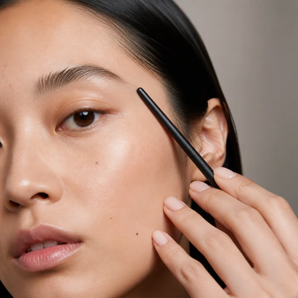 Makeup artist using a slim brush handle to visualize the upward diagonal from the outer eye toward the tail of the brow