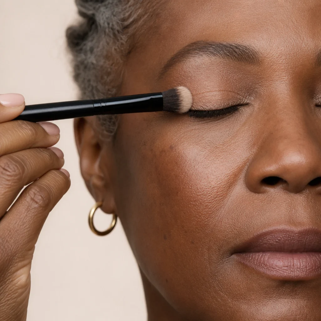 Fluffy brush applying a matte neutral base shade across the eyelid, warm ivory background
