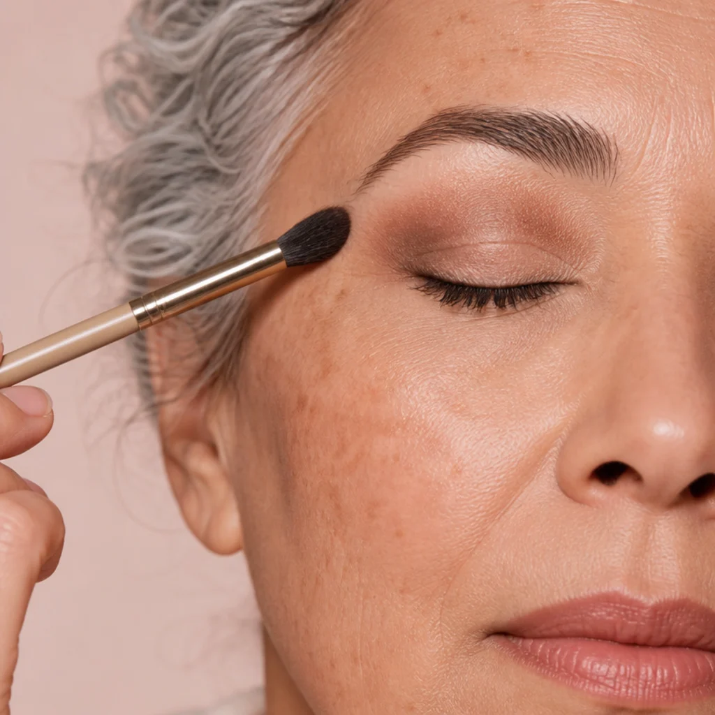Windshield-wiper blending motion placing a warm transition shade into the crease with a tapered brush