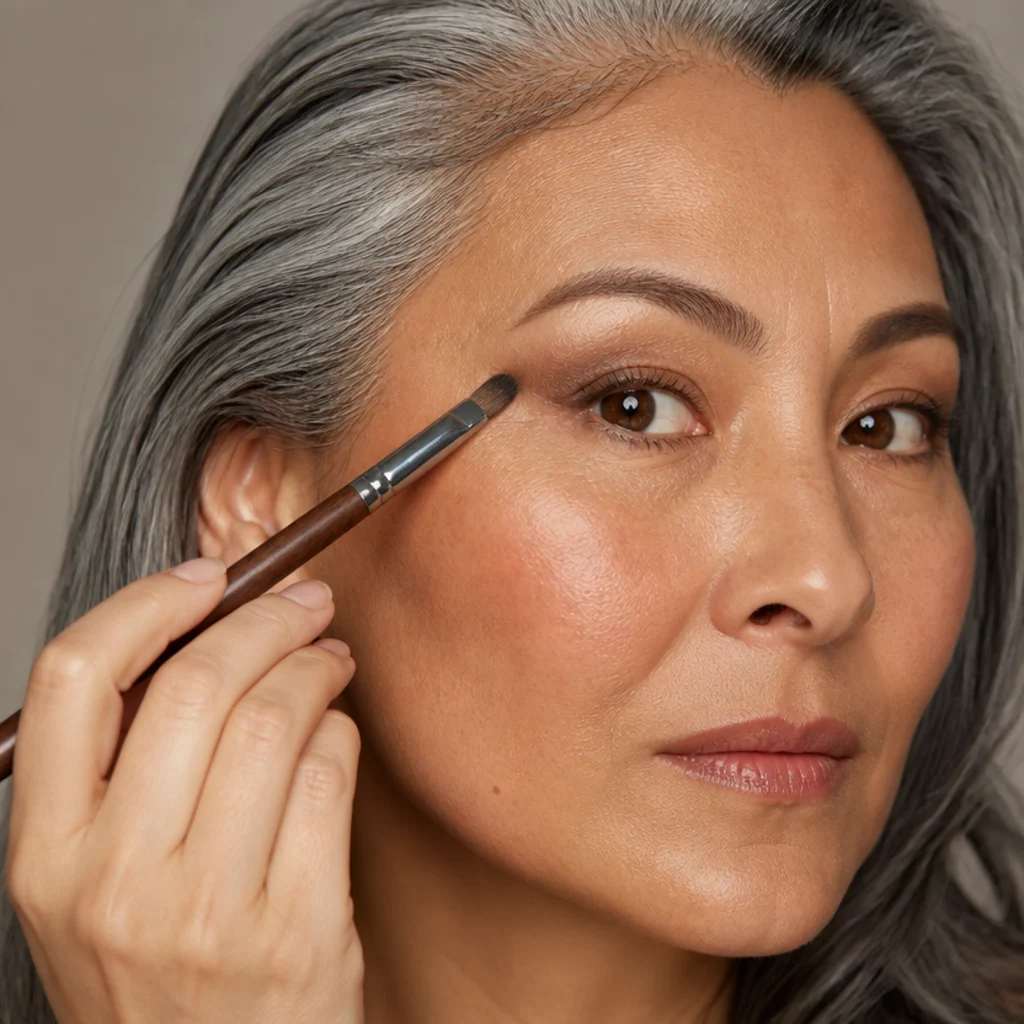 Angled brush depositing deeper shadow at the outer corner and lifting it upward toward the brow