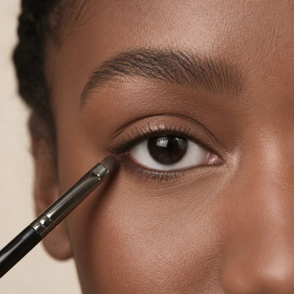 Pencil brush smudging a soft shadow along the outer third of the lower lash line to extend the eye