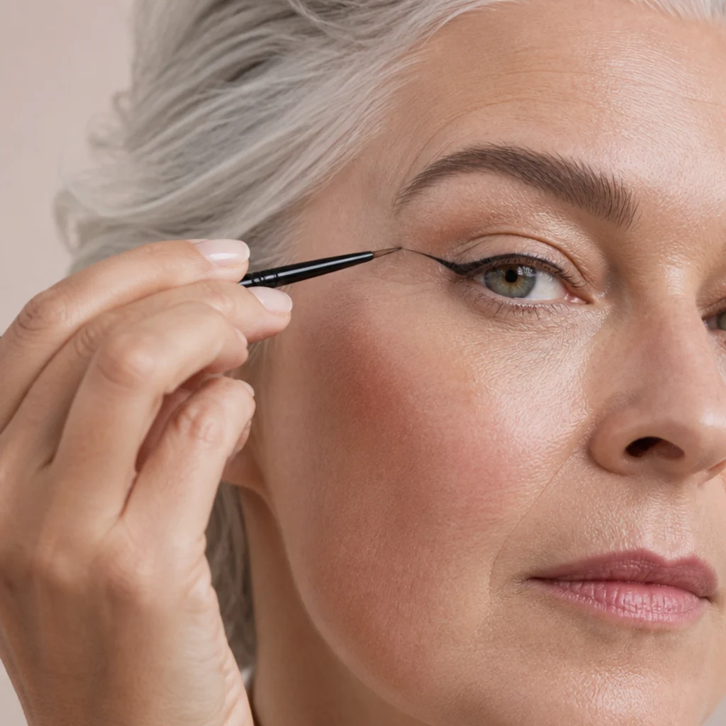 Precise gel liner being drawn into a thin upward flick following the foxy angle at the outer eye