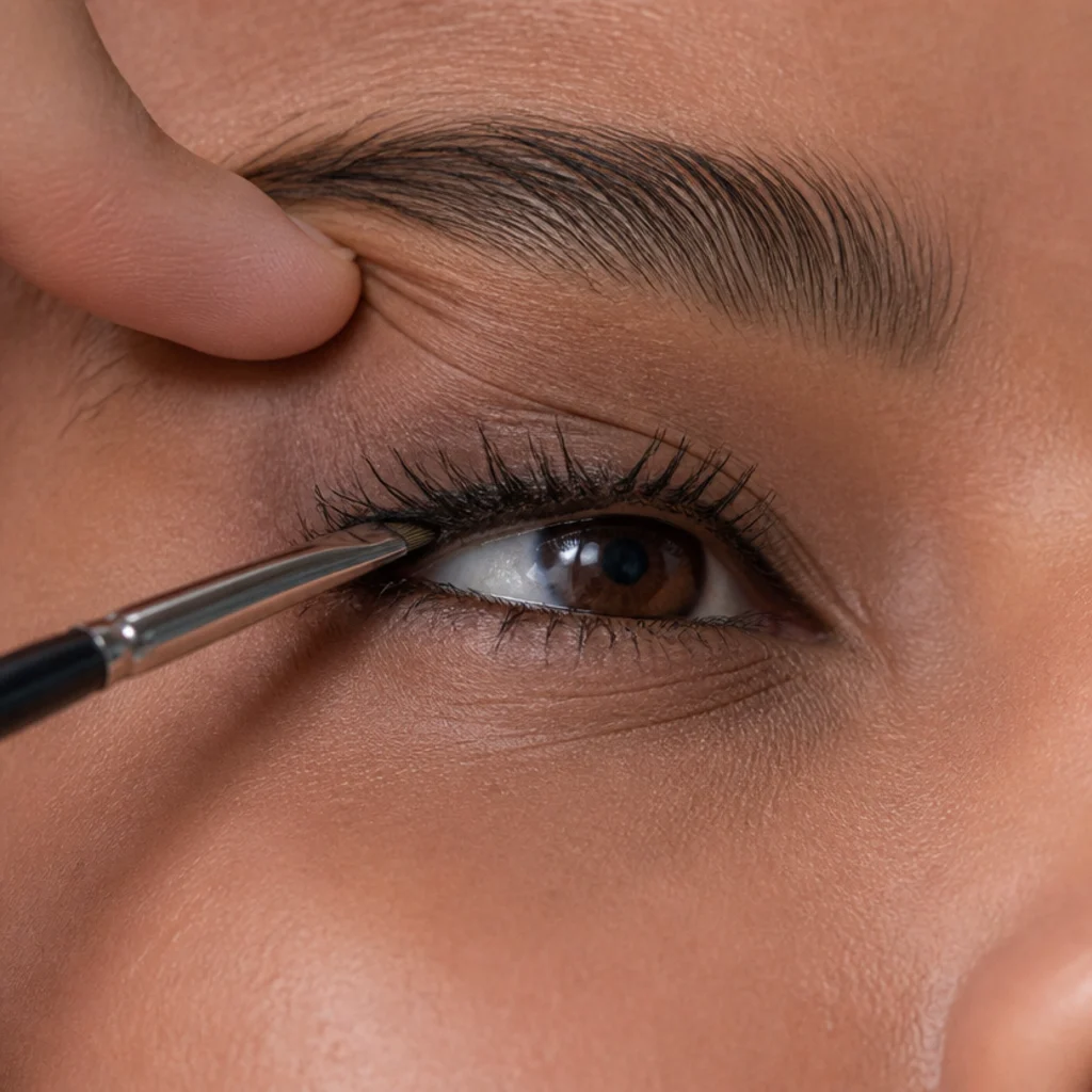 Fine brush pressing dark liner into the upper waterline to fill gaps between lashes