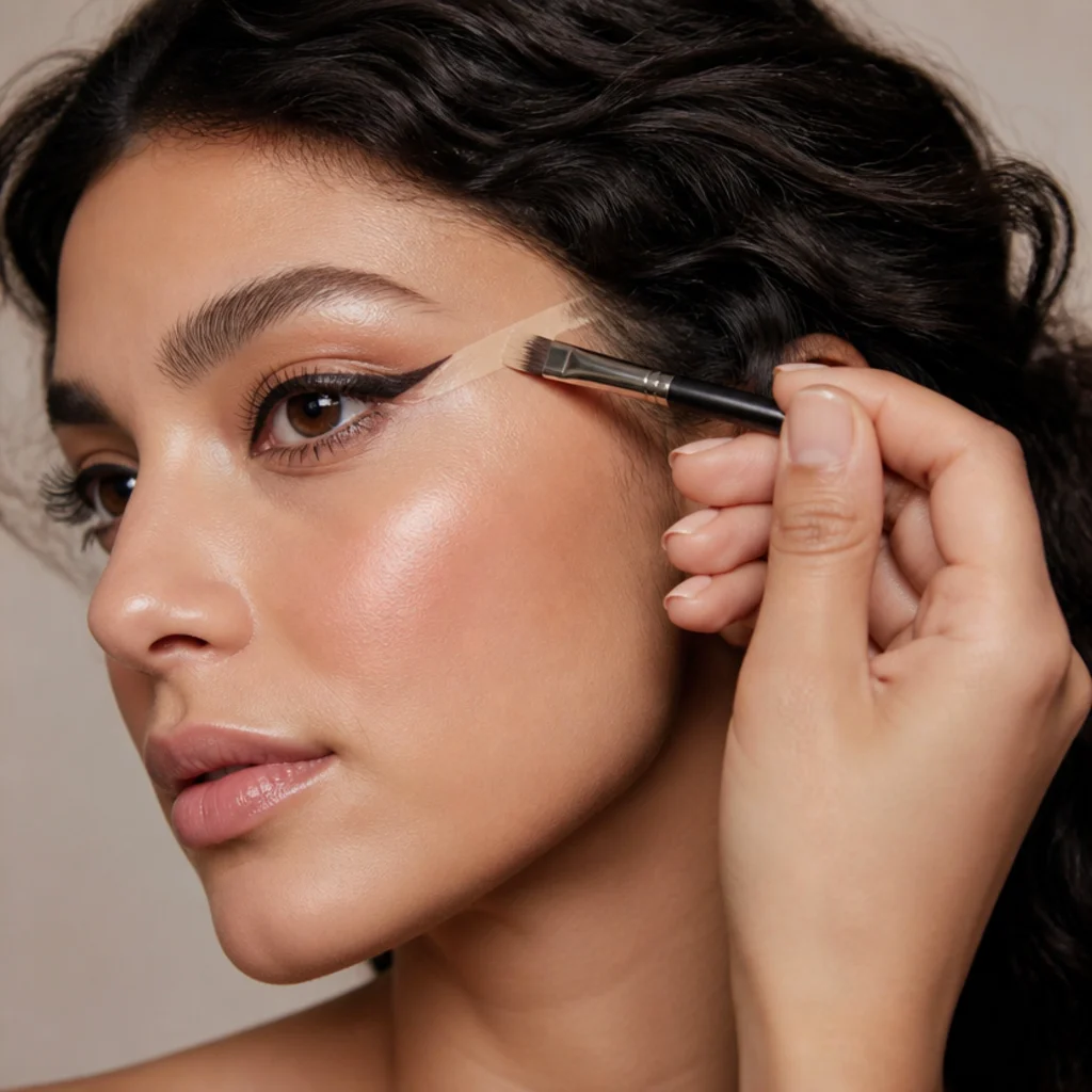 Flat brush carving a clean concealer line beneath the wing to sharpen the outer edge