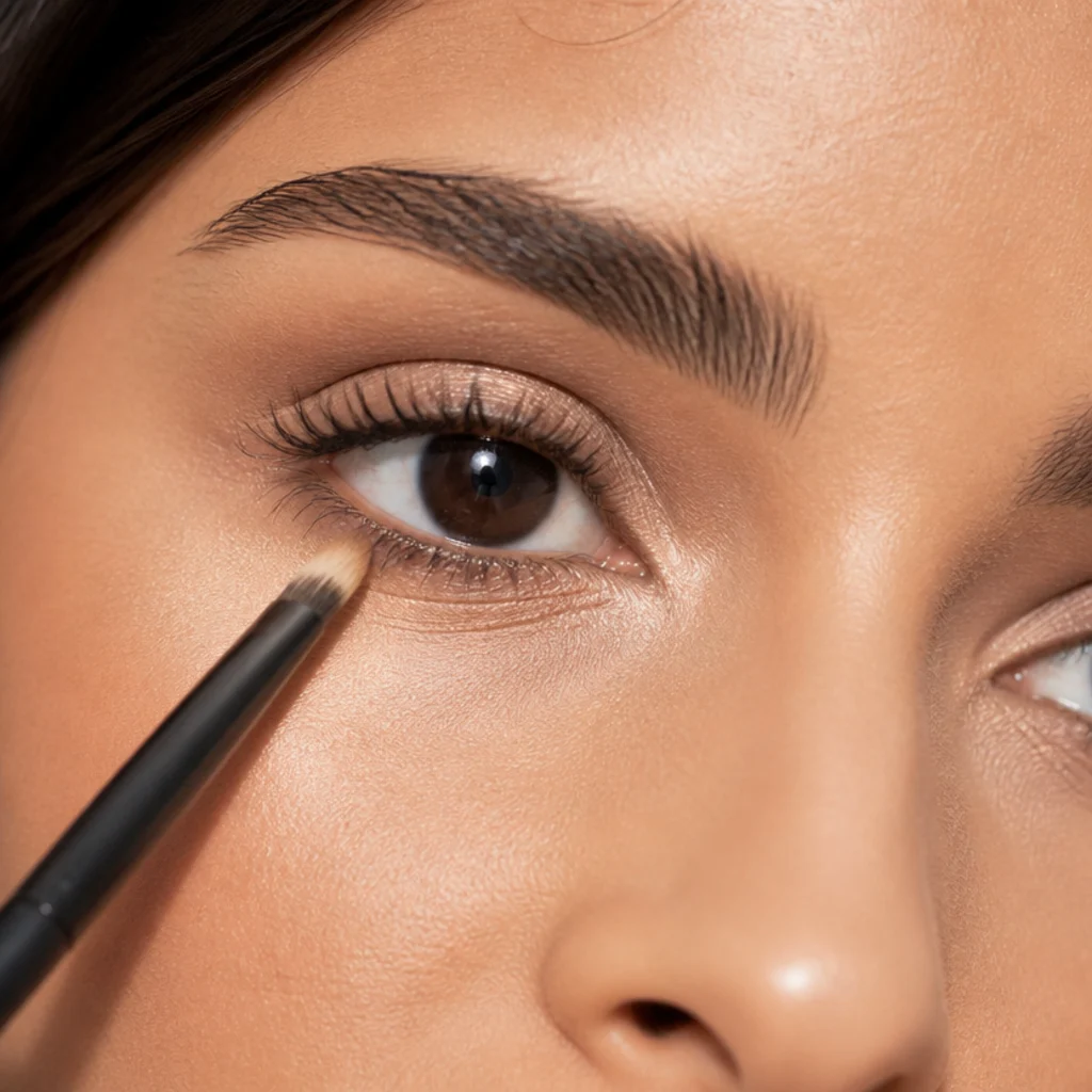 Small brush dabbing a light champagne shimmer into the inner corner to open the eye