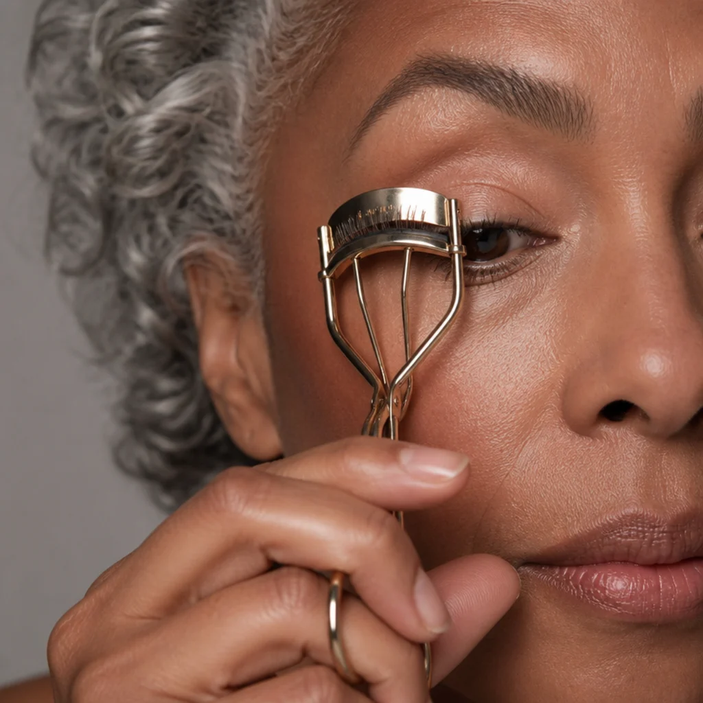 Lash curler clamping natural lashes at the root, followed by a coat of lengthening mascara