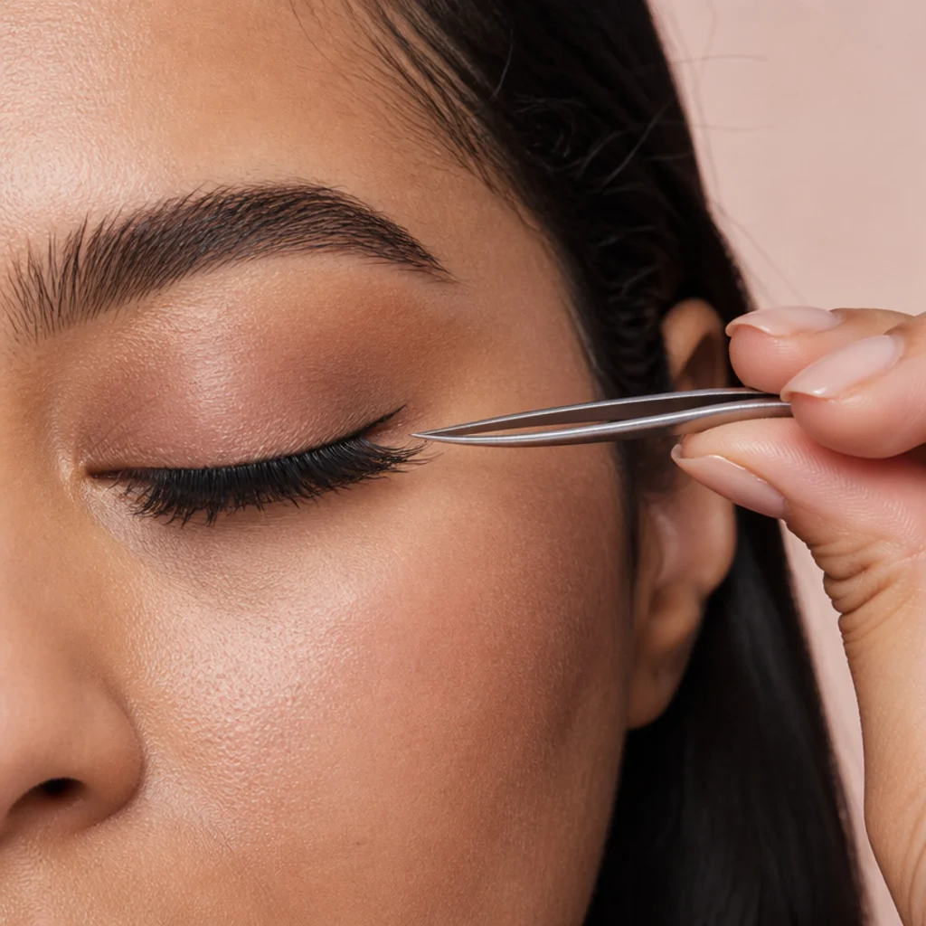 Tweezers positioning a winged false-lash strip that is longer toward the outer corner