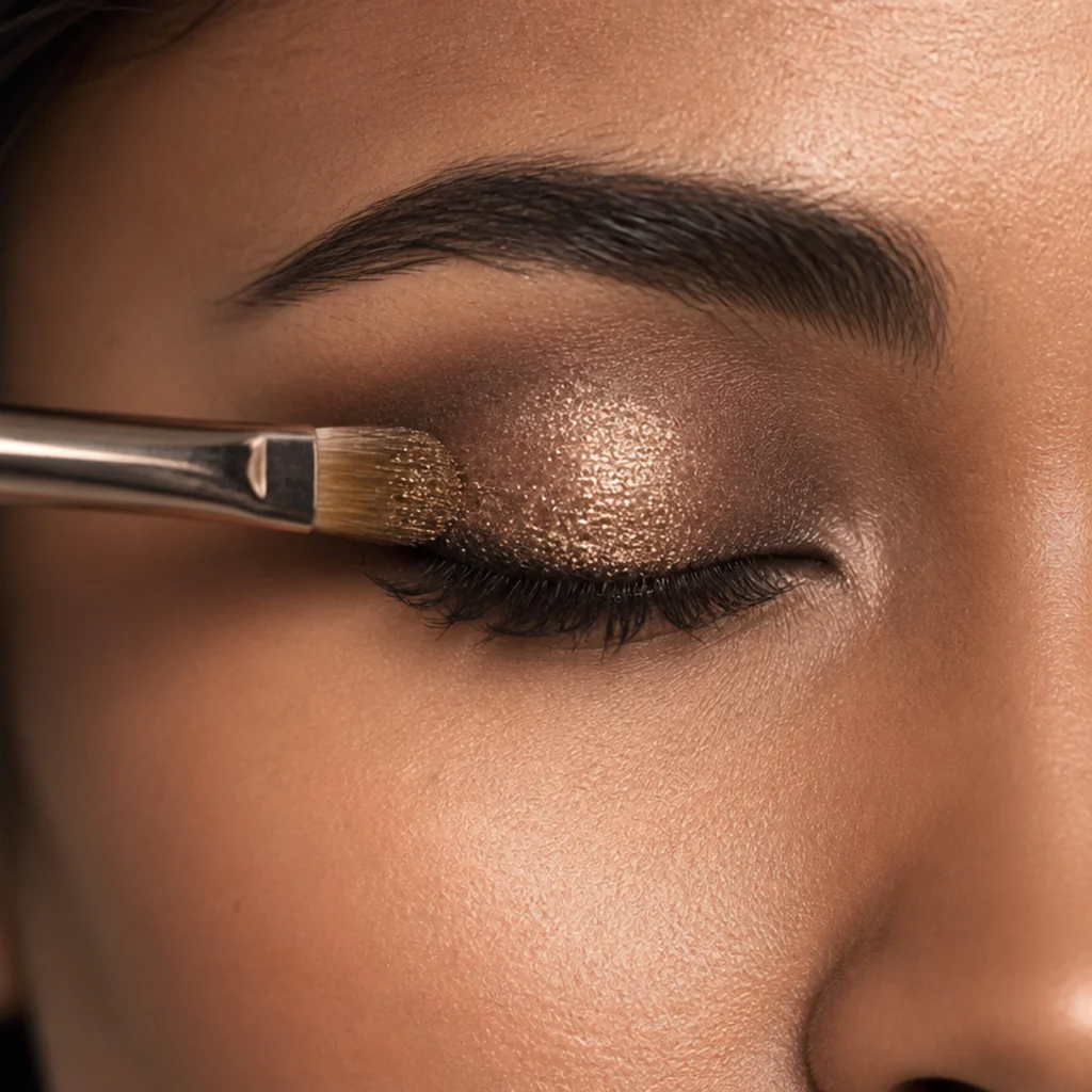 Flat brush pressing fine gold glitter across the center of the lid over the foxy shape for a night-out look