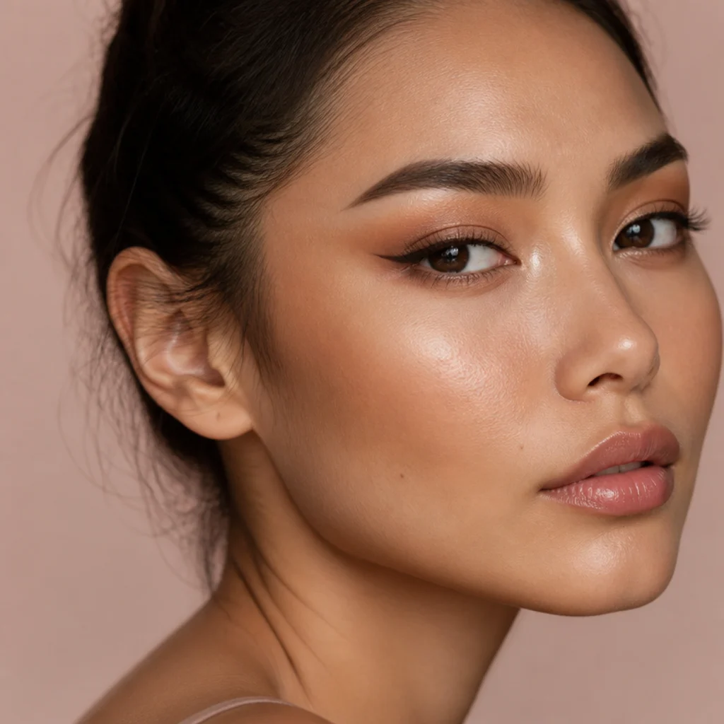 Three-quarter view of a model with lifted, elongated foxy eyes makeup in warm taupe tones and a sharp upward flick