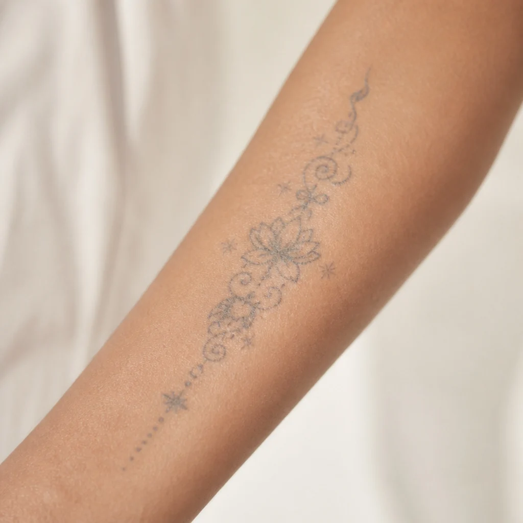 Close-up of a faded blue-gray forearm tattoo in natural daylight before a cover-up consultation