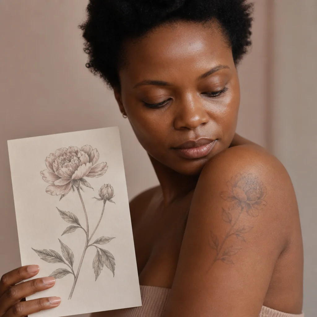 Woman comparing a faded shoulder tattoo to a floral reference sketch in soft studio light