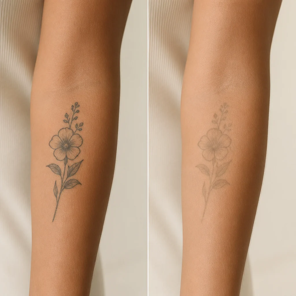 Split-view illustration of a dark tattoo before fading treatment and after, on warm ivory background