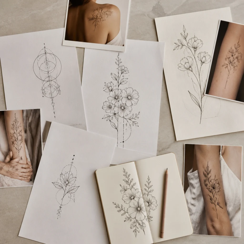 Flat lay of tattoo inspiration printouts, florals and geometric designs, on a taupe studio surface