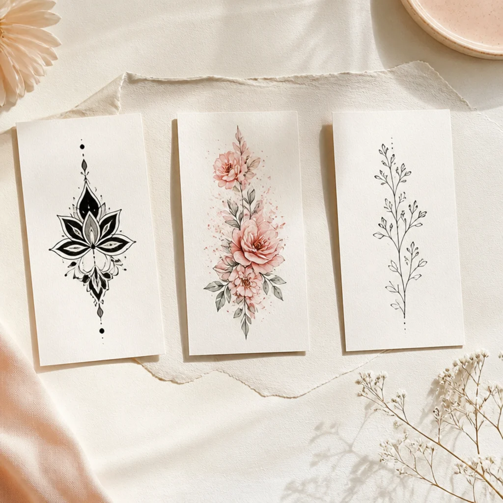 Three tattoo style swatches, blackwork, watercolor, and fine-line botanical, arranged on ivory paper
