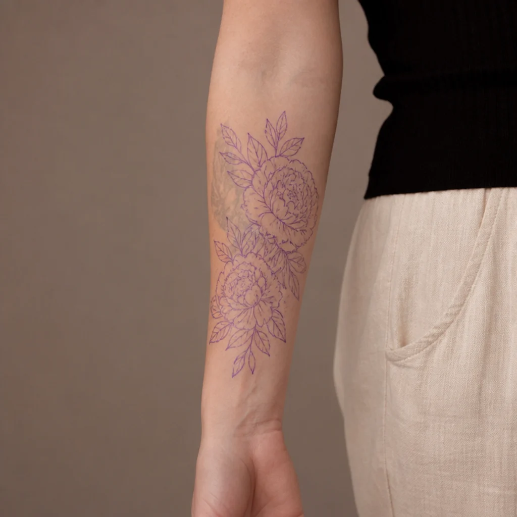Woman's forearm with placement stencil outline showing planned cover-up dimensions in warm daylight