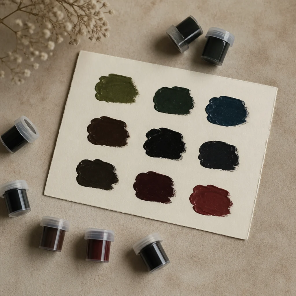 Palette of tattoo ink swatches in deep greens, blacks, and burgundy on a neutral studio surface
