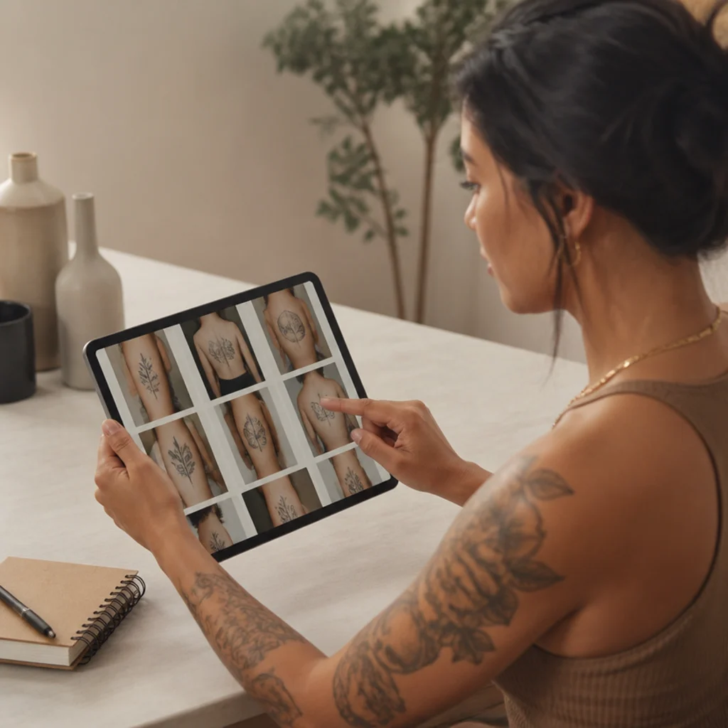 Person browsing a tattoo artist's healed cover-up portfolio on a tablet at a studio desk