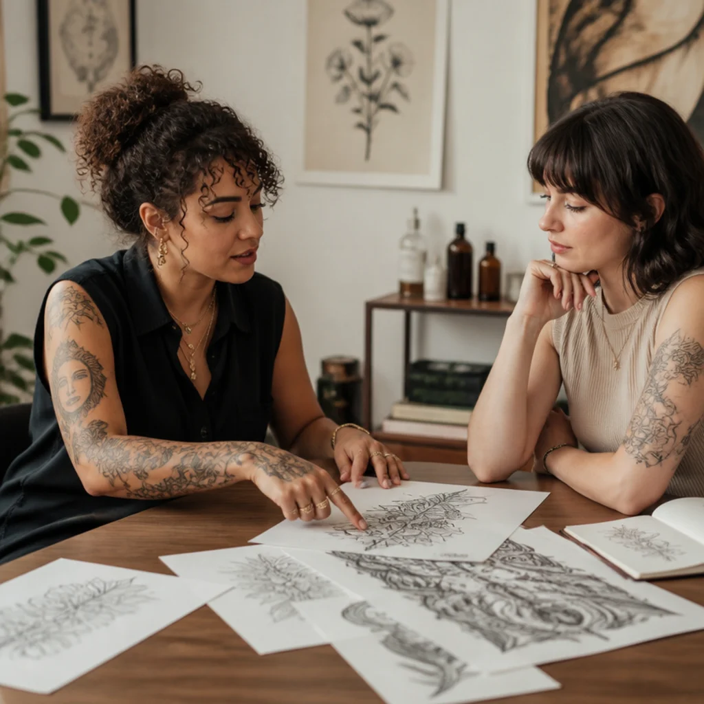 Client and tattoo artist reviewing design options across a studio table in soft daylight