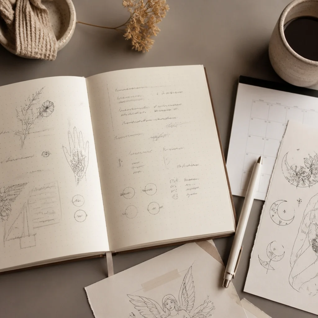 Notebook with session planning notes and a calendar beside tattoo sketches on a taupe surface