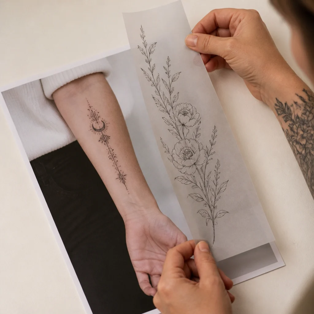Tattoo artist presenting a botanical cover-up sketch on tracing paper over a client's arm photo