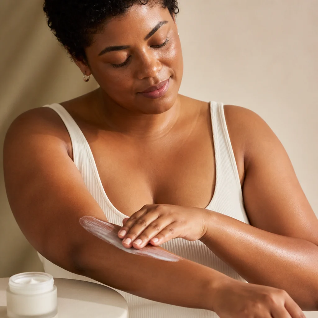 Person moisturizing their forearm the week before a tattoo session in a calm neutral setting