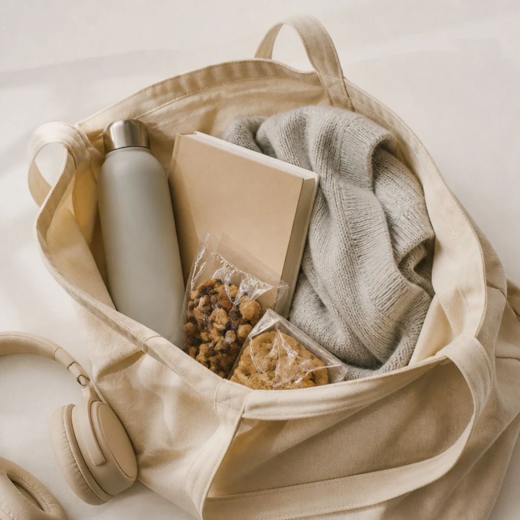 Tote bag with water, snacks, and a book packed for a long tattoo appointment on ivory background
