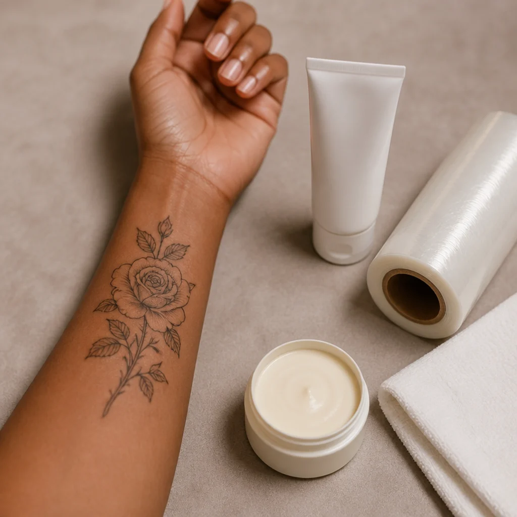 Freshly wrapped forearm cover-up tattoo with aftercare supplies arranged neatly on a taupe surface