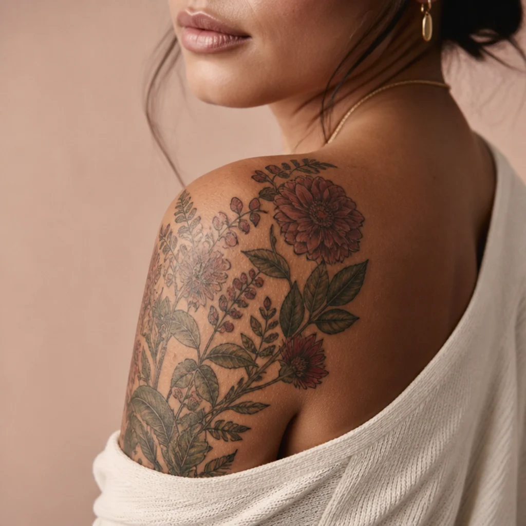Healed floral cover-up tattoo on a shoulder shown weeks later in soft natural light