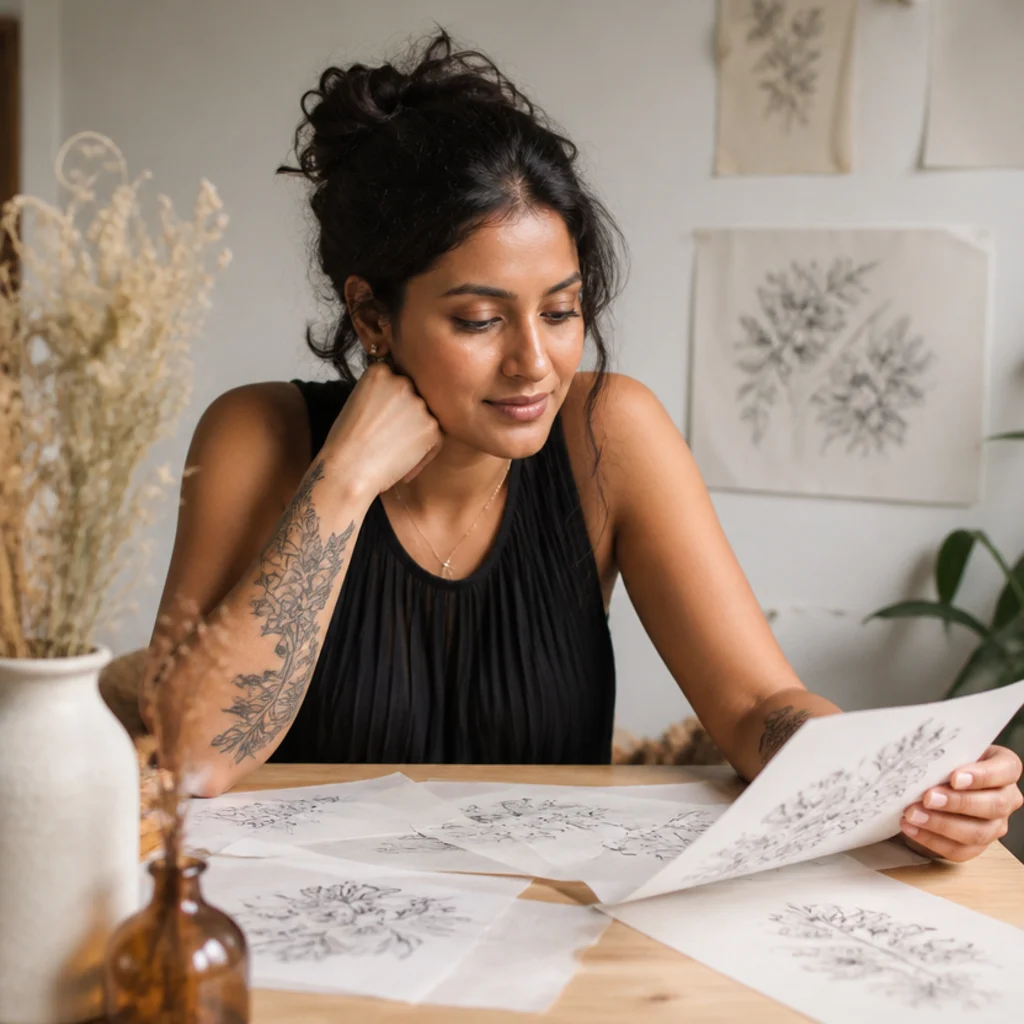 Woman reviewing tattoo sketches at a studio table, planning a floral cover-up over faded ink in warm light