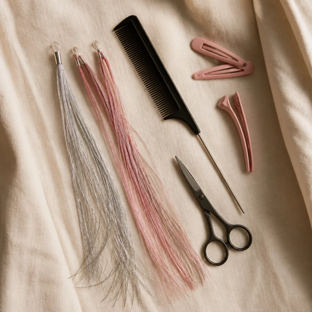 Flat lay on ivory linen of silver and pink hair tinsel strands, a tail comb, small scissors, and hair clips