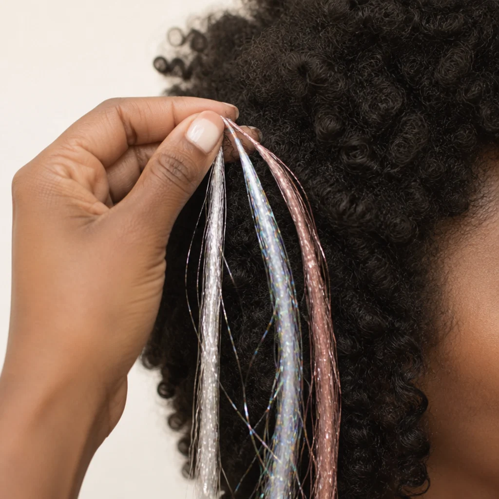 Hand holding silver, iridescent, and rose-pink tinsel samples against dark textured hair to compare contrast