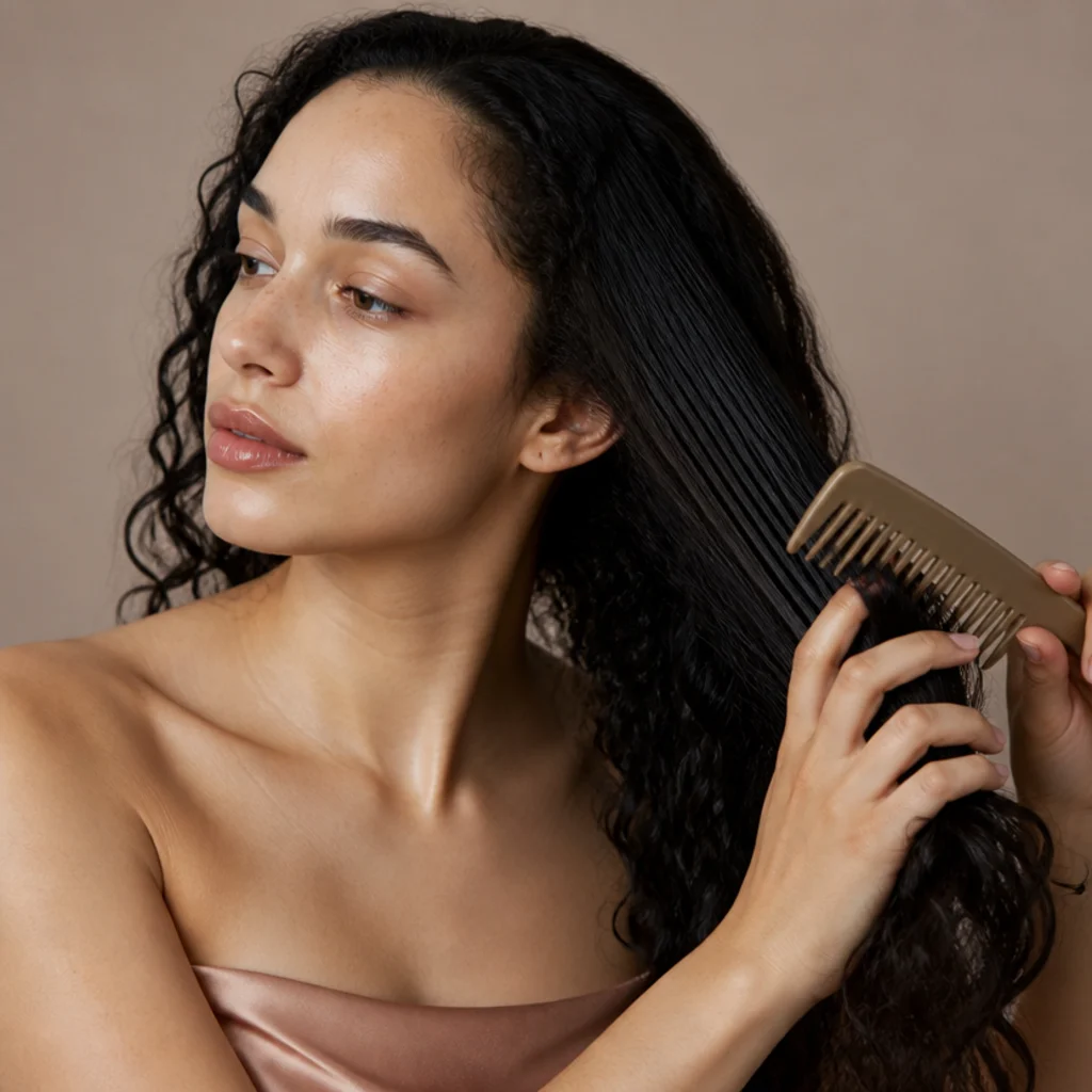 Side view of a model gently detangling dark wavy hair with a wide-tooth comb before adding tinsel