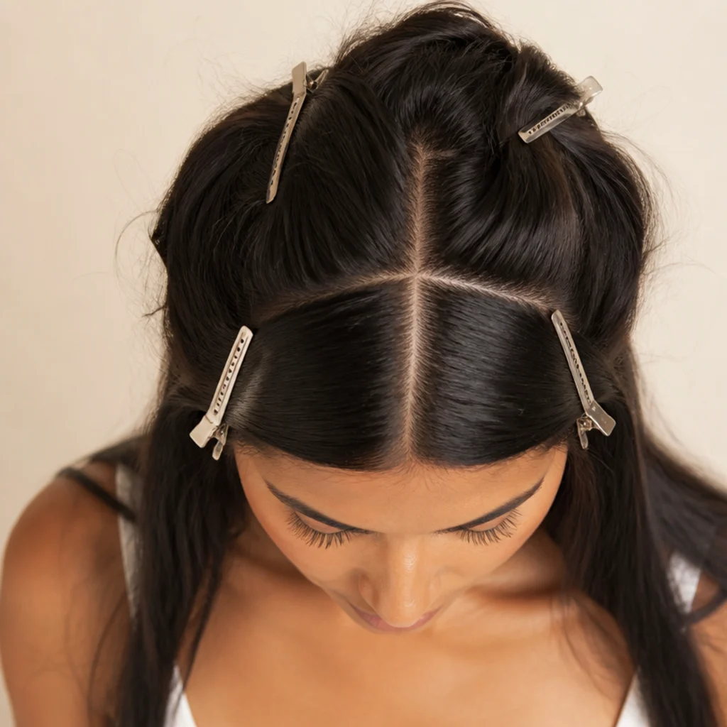 Overhead diagram-style view of dark hair parted into crown, side, and face-framing zones marked for tinsel placement