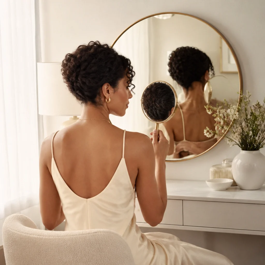 Model seated at a vanity using a handheld mirror to view the back of her dark curly hair for tinsel placement