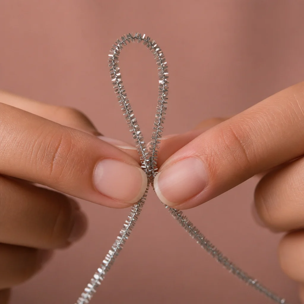 Close-up of fingers folding a single silver tinsel strand in half to form a small loop at the fold