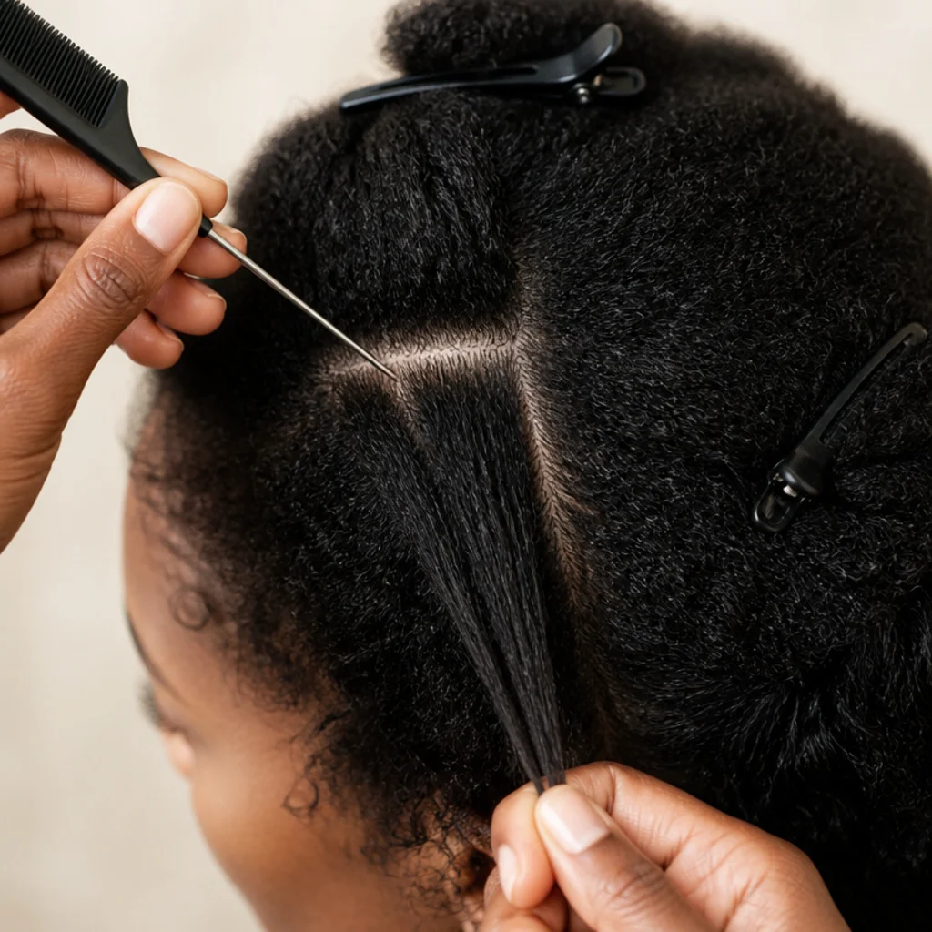 Rat-tail comb isolating a pencil-thin section of dark coily hair near the crown, rest of hair clipped away