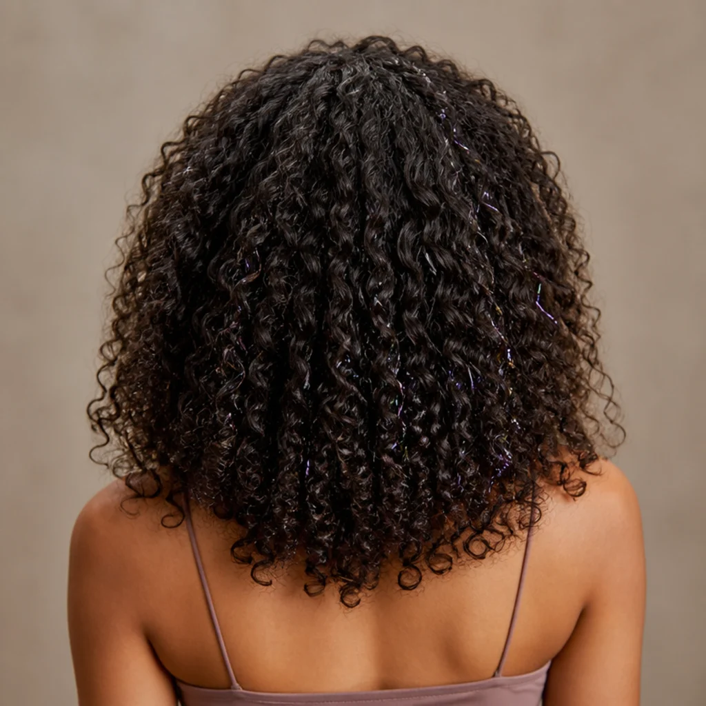 Back view of curly dark hair with iridescent tinsel strands tucked between defined coils for smooth shimmer