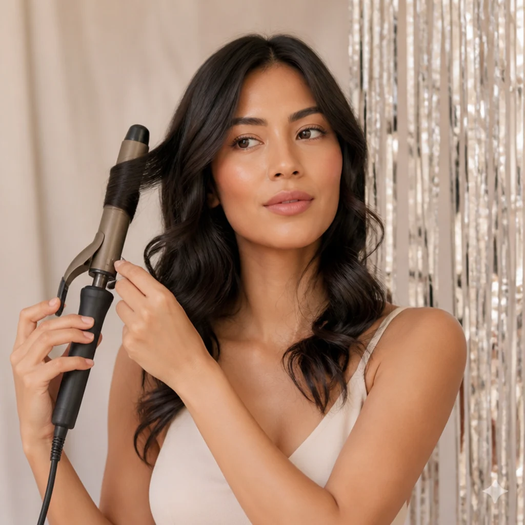 Model styling dark waves with a curling iron held away from tinsel strands, mid-length sparkle catching light