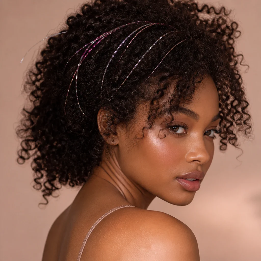 Three-quarter back view of dark coiled hair with strands of silver and rose fairy hair tinsel woven near the crown