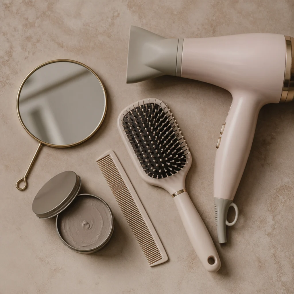 Flat lay of edgar cut styling tools on a taupe surface including a blow dryer, wide paddle brush, fine comb, matte clay, and a small hand mirror